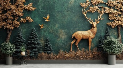 Golden Deer in Emerald Forest Wall Mural