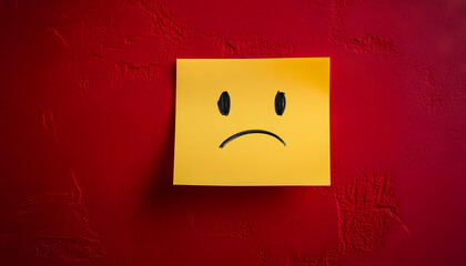 Yellow sticky note with drawn sad unhappy emoji face on red background.