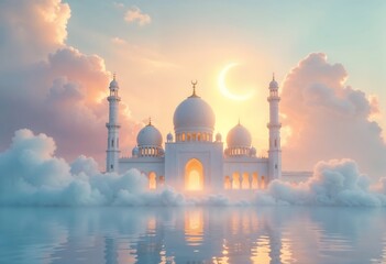 Islamic concept of beautiful mosque in arabian style with aesthetic Illustration for holy month of muslim communit
