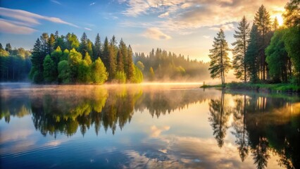 Obraz premium A misty dawn breaking over a serene lake surrounded by tall trees with gentle ripples on the water surface and soft sunlight filtering through the foliage , natural scenery, peaceful atmosphere
