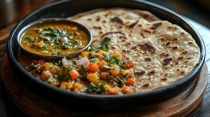 Serving Indian Cuisine Vegetable Curry and Chapati on a Sizzling Plate