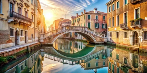Elegant Venetian bridge reflected in serene canal water with soft sunlight filtering down, Water, Venice,  Water
