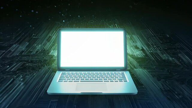 Glowing Laptop with Bright Screen Set Against Dark, Digital Background Creating Futuristic Technology Atmosphere. Illuminated Display Contrasts with Surrounding Darkness, Highlighting Connectivity
