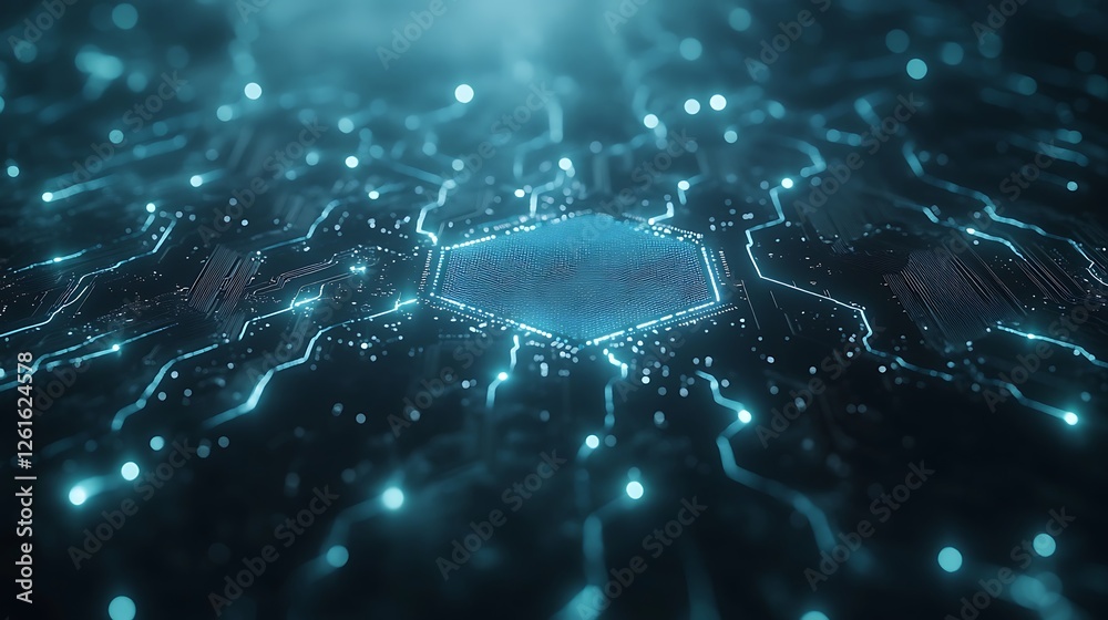 Poster A close-up image of a cybernetic blockchain chip showcasing intricate details and technology.