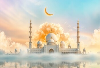 Beautiful white mosque in arabian style with aesthetic Illustration for holy month of muslim communit