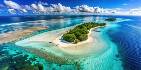 Obraz premium Aerial view of two tropical islands connected by a sandbar surrounded by crystal clear waters with white sandy beaches and coral reefs, paradise, tourism