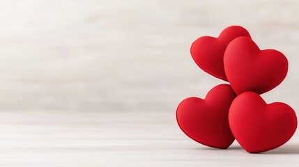 Fototapeta premium Four plush red hearts are stacked together on a light wooden surface, evoking feelings of love and affection.