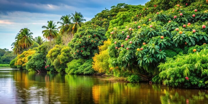 Dense foliage of mango and avocado trees growing along the banks of the Orinoco River, surrounded by lush greenery and exotic flowers, orinoco delta, lush greenery