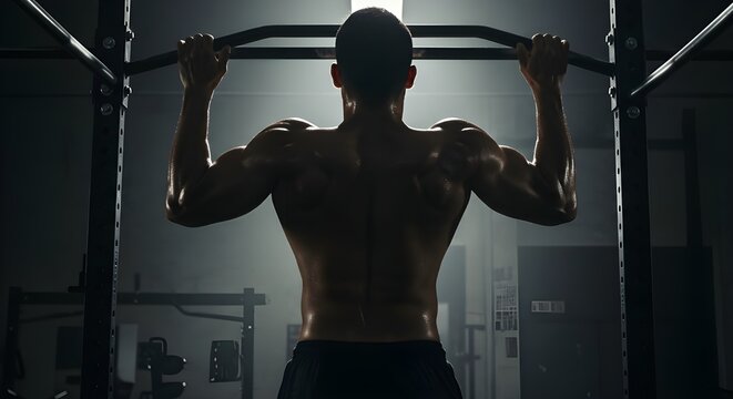 Hombre musculoso haciendo dominadas en el gimnasio, mostrando m&uacute;sculos fuertes en la espalda