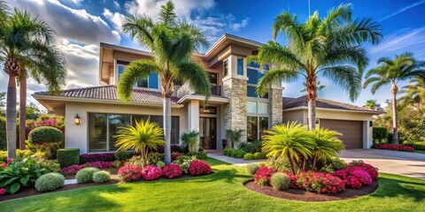 Modern Luxury house with a beautifully landscaped garden surrounded by tall palm trees and vibrant tropical flowers in Florida, Luxury Living, Luxury Homes