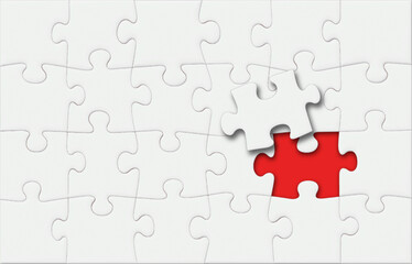 White Puzzle Pieces Jigsaw with One Last Missing Piece on Top and Red Background, Vector 3D Effect with Shadows
