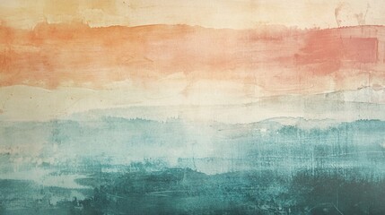 Abstract watercolor landscape painting with orange, beige, and teal hues.