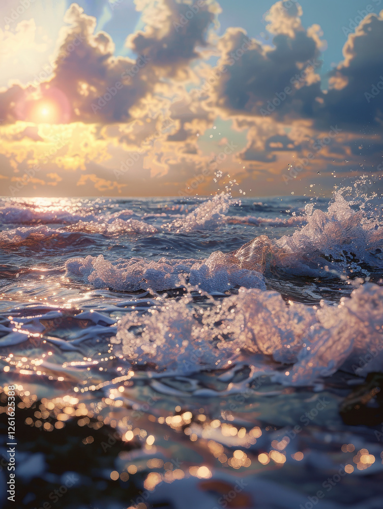 Canvas Prints A serene ocean scene at sunset, with waves glistening under a colorful sky.