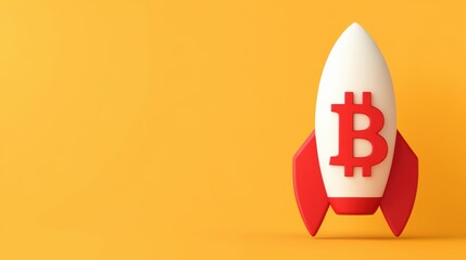 A stylized rocket with a Bitcoin symbol on a bright yellow background, symbolizing growth and innovation in cryptocurrency.