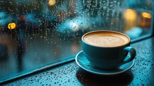 Rainy day coffee shop view.