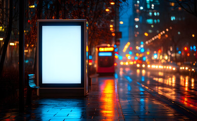 Busy City Street at Night with Light Trails, Illuminated Buildings, and Blank Billboard at Bus Stop