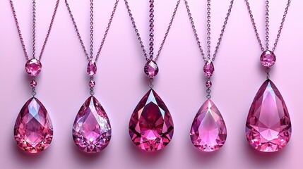 Five exquisite pink gemstone necklaces displayed elegantly against a soft pink background
