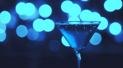 Elegant Blue Cocktail in a Martini Glass Against Soft Bokeh Lights Creating a Festive Scene