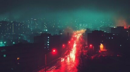 Fototapeta premium City Road Illuminates with Red Lights at Night, Urban Dream and Foggy Night.