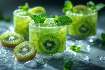 Fototapeta premium Refreshing kiwi mint drinks, ice, summer