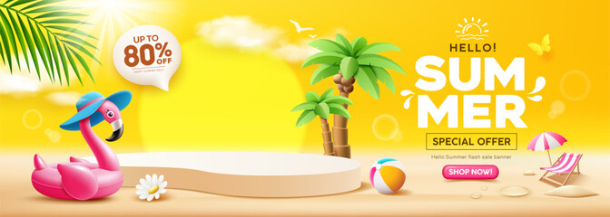 Summer sale podium display, Pink flamingo inflatable swimming pool, coconut trees, pile of sand, beach umbrella, banner design, cloud and sky on yellow background, EPS 10 vector illustration © Sarunyu_foto
