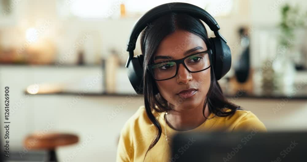Poster Headphones, coder and computer with woman at home for freelance developer, gaming programmer and research. Gameplay database, character design and remote software engineer with person and music