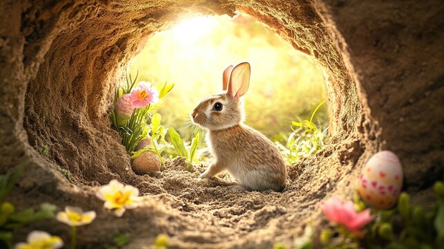 Easter bunny in burrow with eggs.