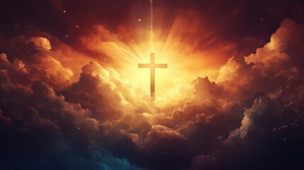 Fototapeta premium Cross rises above clouds with divine light and spiritual hope shining through the heavens.
