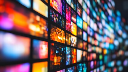 Wall of screens showing diverse video content