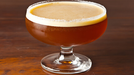 Elegant cocktail glass with sugar rim featuring a frothy brown drink for a refined beverage image