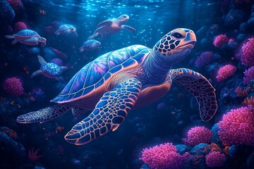 Fototapeta premium Sea turtle family swims coral reef, ocean