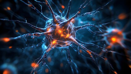 Nerve Cell, Detailed 3D Neurological Illustration, Dark Background, Potential Medical Use