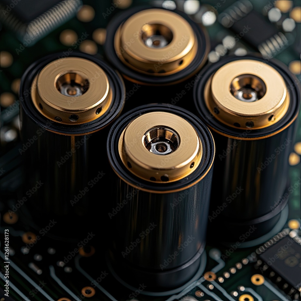 Aufkleber closeup of 4 cylindrical components on circuit board