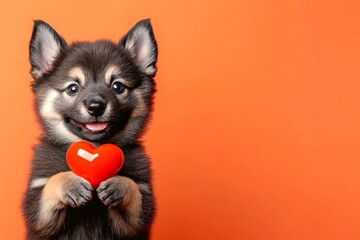 Obraz premium Norwegian elkhound - my cherished dog. Cute norwegian elkhound hound with diamond red heart - symbol of love, funny greeting card. Commercial conceptual art. Love and pets. Love animals.