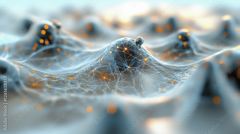 Poster futuristic digital landscape with interconnected nodes and glowing points, representing network or d