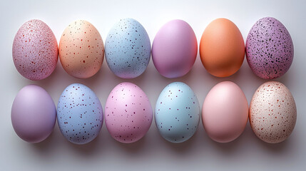 Colorful Easter eggs in pastel shades arranged neatly on surface