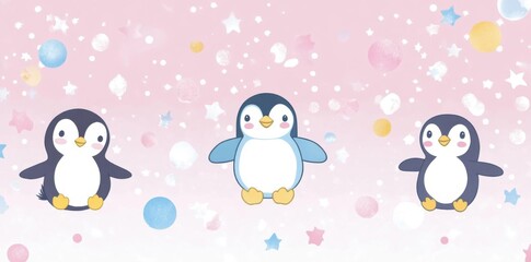 Three Penguins Play Among Colorful Stars and Snowflakes. Winter Theme.