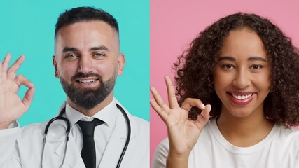 Two healthcare practitioners, a man and a woman, express affirming gestures. They represent diversity in the medical field, highlighting positivity and acceptance in healthcare services.