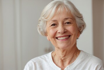 Happy smiling senior woman looking at camera at home