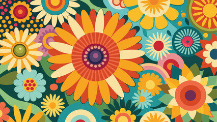 flower background with a colorful design, groovy vector pattern featuring bold daisies, sunflowers, and psychedelic shapes in a vintage color palette