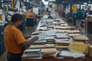 A long table covered with mail trays is surrounded by employees sorting envelopes