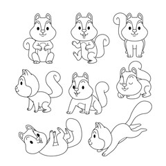 Set of squirrel doodle collection, flamingo outline coloring page book animals for kindergarten, Vector line art set of animals wildlife, Hand drawn, Minimal squirrel line art doodle in different pose