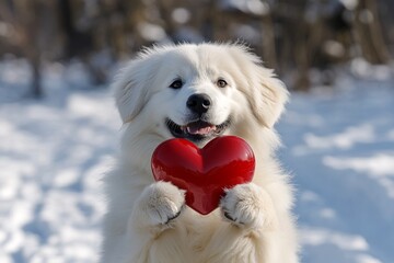 Cute great pyrenees doggy with diamond red heart on a walk in a winter green space. Marketing companion concept. Great pyrenees - my desired dog, symbol of friendship. Snow-covered love puppy.