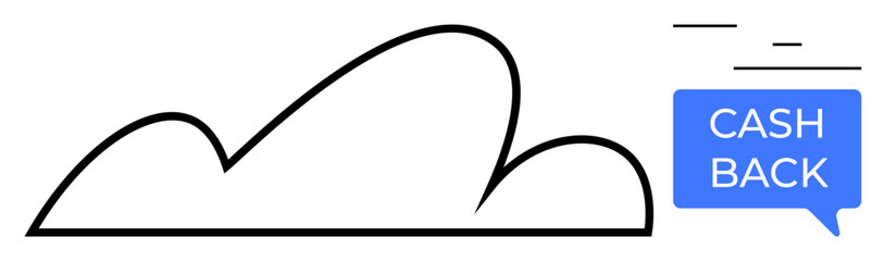 Black outline of a cloud next to blue chat box labeled CASH BACK . Ideal for promotions, rewards, savings, customer loyalty programs, discount notifications, financial incentives, ecommerce