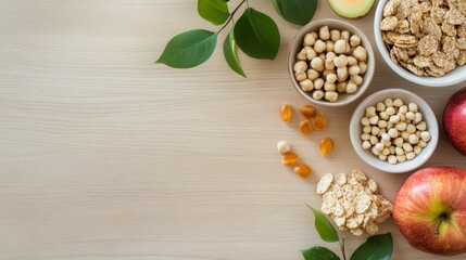 Fototapeta premium Minimalist display of healthy snacks on a wooden table, embodying simplicity and wellness.