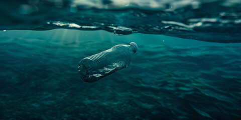 Naklejka premium Plastic Bottle Floating Underwater with Sunlight Filtering Through Dark Blue Water