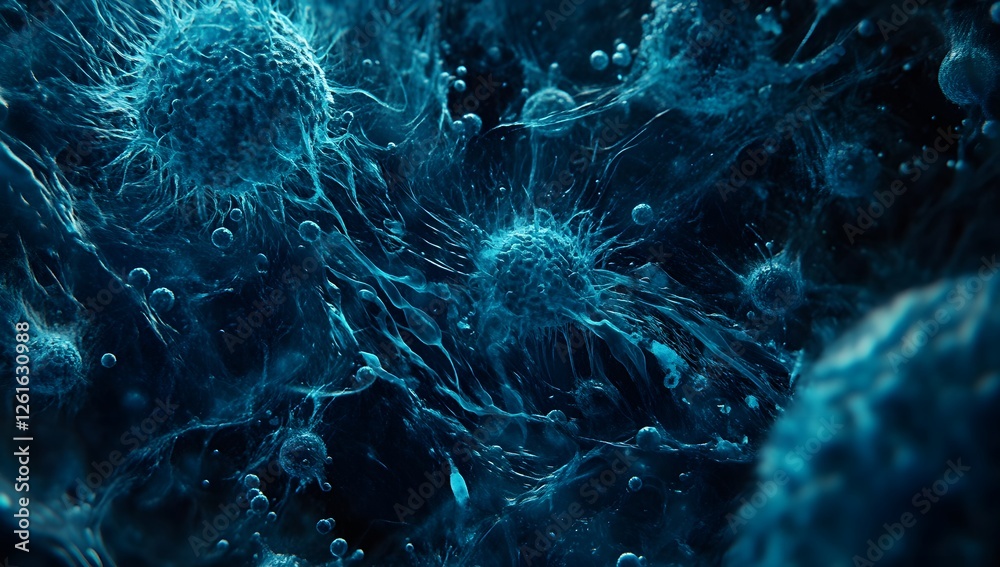 Poster deep-blue cells in microscopic environment with bubbles