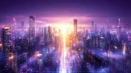 Fototapeta premium Vibrant purple sunset illuminates futuristic city skyline dynamic composition. AI Generated