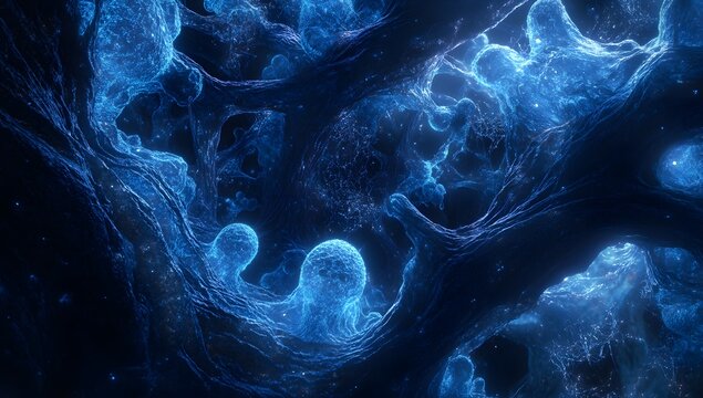 Abstract glowing blue cellular structure in dark space