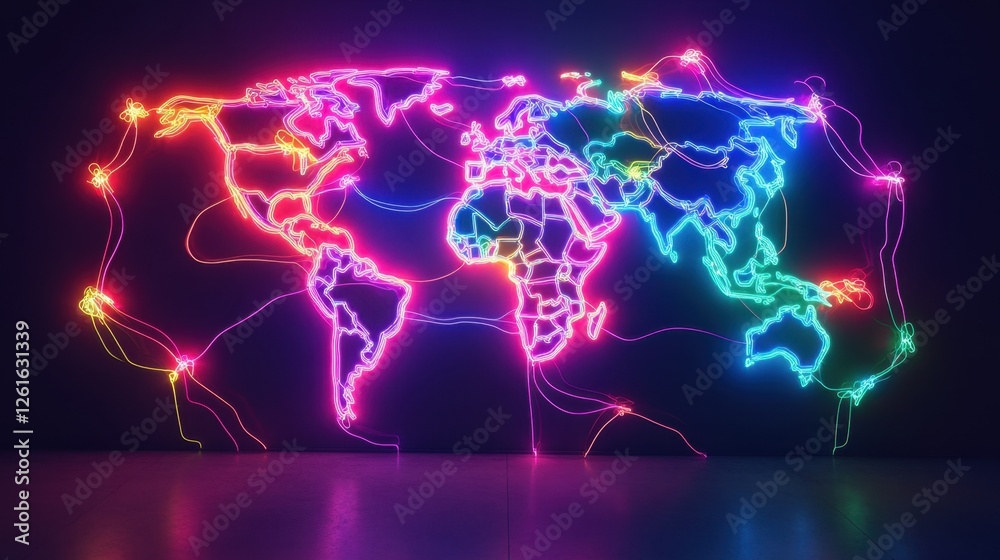 Wall mural futuristic world map with neon paths linking continents, symbolizing the complexity of global trade 